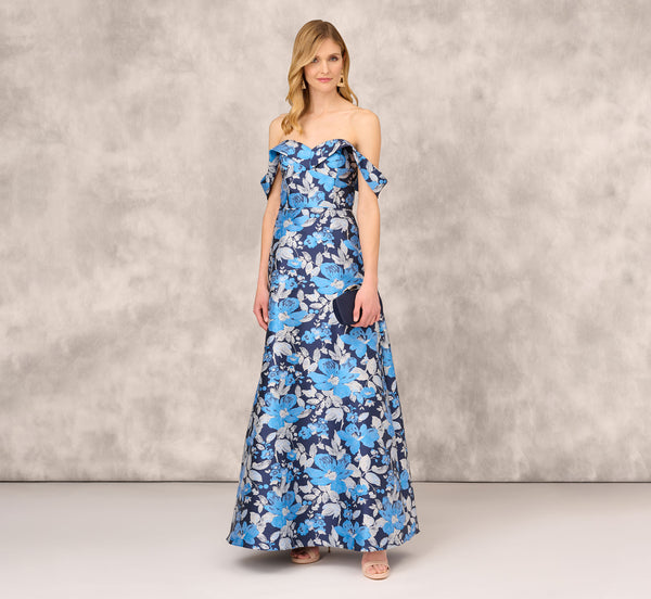 Strapless Off the Shoulder Floral Print Sweetheart Pocketed Draped Jacquard Ball Gown Evening Dress