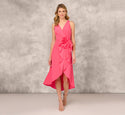 V-neck Halter Floral Print Taffeta Pleated Draped Sleeveless Party Dress/Midi Dress