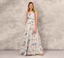 Jacquard Fitted Pocketed Floral Print One Shoulder Ball Gown Dress