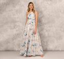One Shoulder Floral Print Fitted Pocketed Jacquard Ball Gown Dress