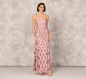 Geometric Print Tank Fitted Beaded Mesh Sequined Knit Scoop Neck Floor Length Dress