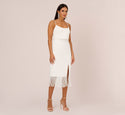 Sheath Fitted Spaghetti Strap Scoop Neck Frill Trim Cocktail Crepe Sheath Dress/Popover Dress/Midi Dress