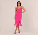 Scoop Neck Fitted Sheath Frill Trim Crepe Cocktail Spaghetti Strap Sheath Dress/Popover Dress/Midi Dress