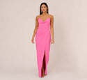 Crepe Spaghetti Strap Open-Back Draped Slit Fitted Faux Wrap Cowl Neck Sheath Sheath Dress