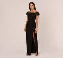 Crepe Sequined Slit Fitted Evening Dress With a Bow(s) by 37252009492680