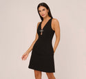 Fit-and-Flare Sleeveless Cocktail Short Fitted Applique V Back Cutout Dress With a Bow(s) and Rhinestones