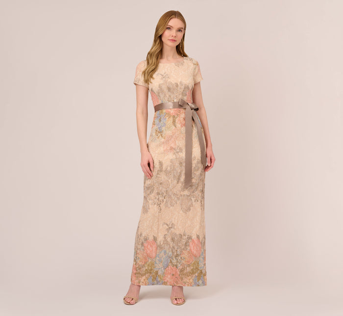 Floral Embroidered Gown In Biscotti Multi | Adrianna Papell