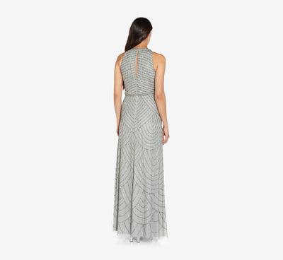 Art Deco Beaded Blouson Dress With Halter Neckline In Nude