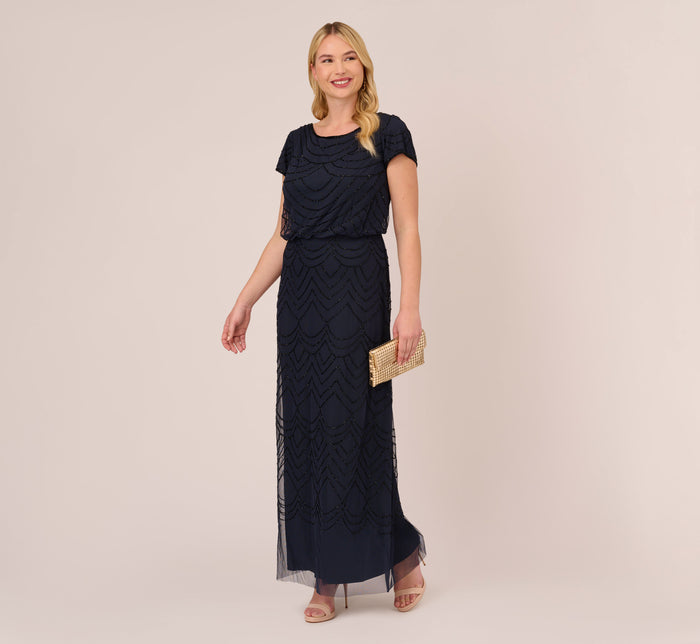 Plus Size Short Sleeve Blouson Beaded Gown In Navy | Adrianna Papell
