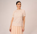 Ditsy Floral Print Top With Short Sleeves And Ruffle Neck In Ivory Champagne Tropical Ditsy