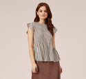 Printed Pleated Georgette Top With Flutter Sleeves In Champagneblush Contrast Stripe