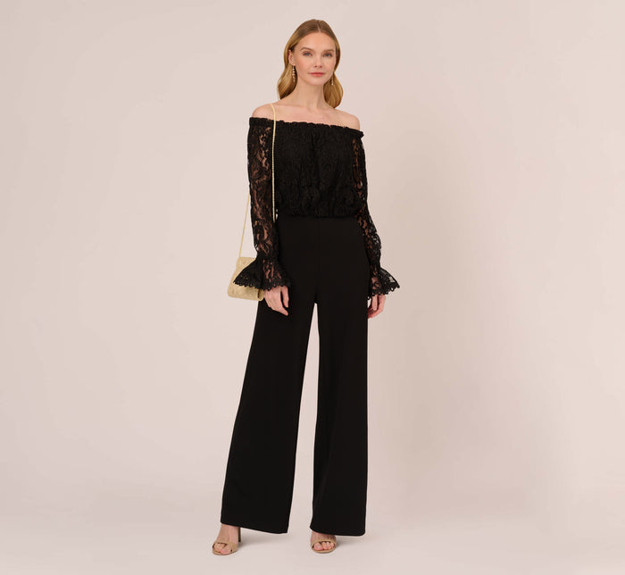 One Shoulder Crepe Jumpsuit With Lace Ruffle Details In Black