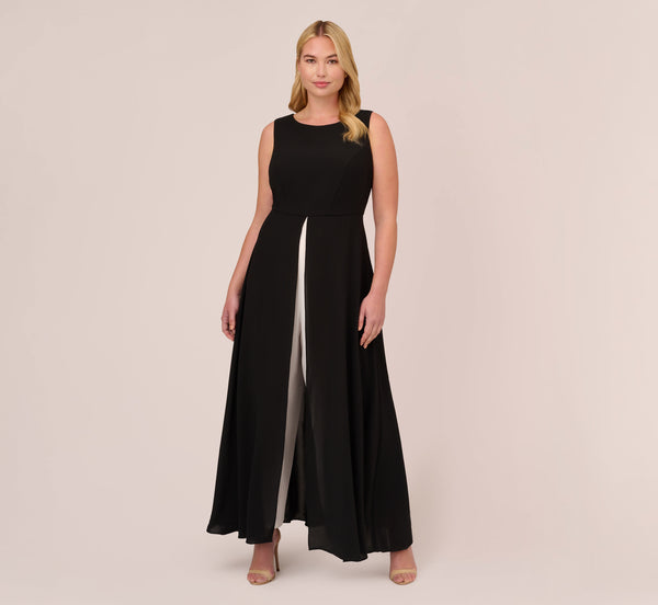 Plus Size Crepe Halter Fitted Colorblocking Hidden Back Zipper Sleeveless Evening Dress/Jumpsuit
