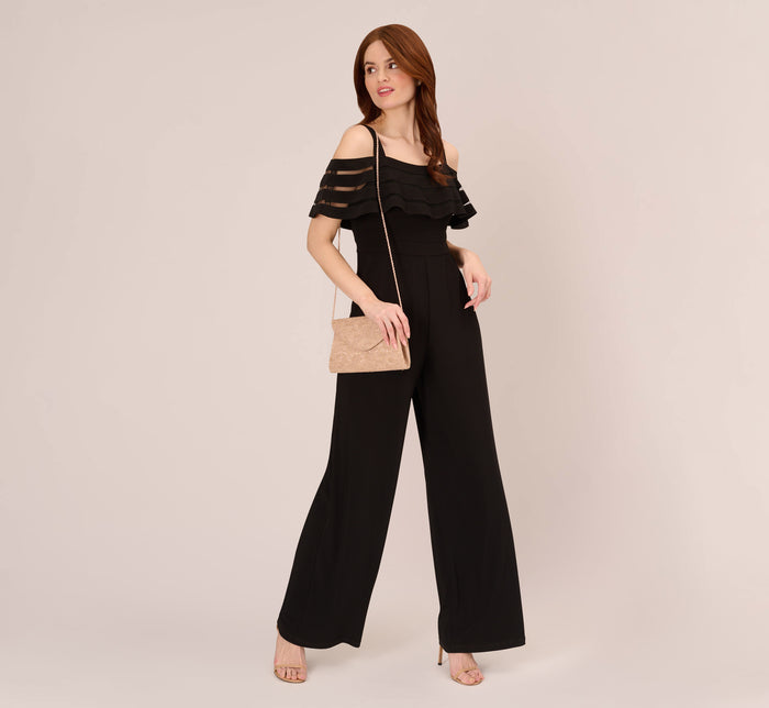 One Shoulder Crepe Jumpsuit With Lace Ruffle Details In Black