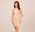 Tall Bateau Neck 3/4 Sleeves Sheath Floral Print Embroidered Illusion Sheath Dress