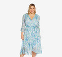 Plus Size V-neck Floral Print Belted Self Tie Faux Wrap Tie Waist Waistline Short Bell Sleeves Wedding Dress With Ruffles