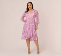 Plus Size V-neck Floral Print Bell Sleeves Short Belted Self Tie Faux Wrap Tie Waist Waistline Wedding Dress With Ruffles