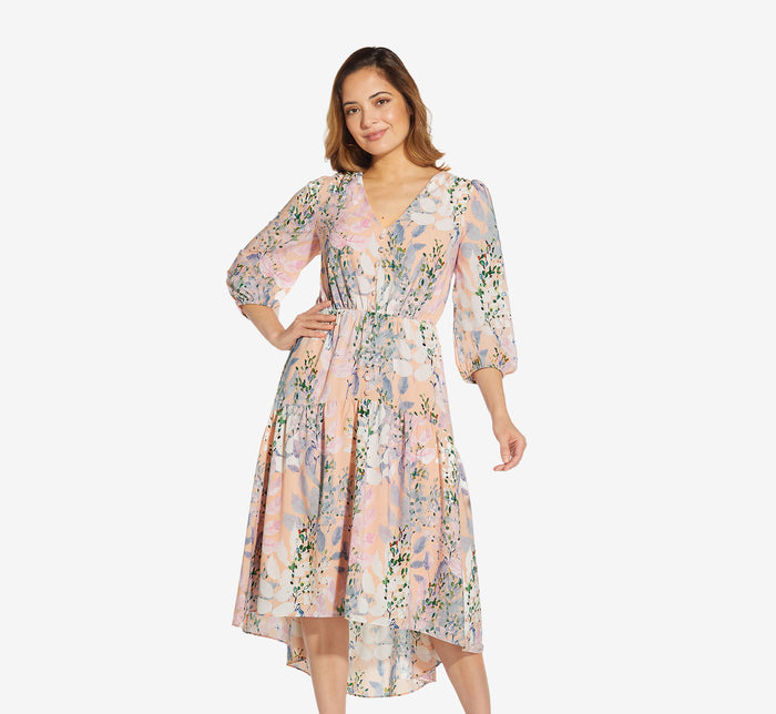 Floral-Print Fit-And-Flare Midi-Length Chiffon Dress In Light Blue
