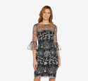 Sheath Short Floral Print V Back Embroidered Illusion Polyester 3/4 Bell Sleeves Bateau Neck Sheath Dress