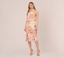 Self Tie Keyhole Shirred Chiffon Halter Floral Print Midi Dress