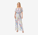 Off the Shoulder Floral Print Belted Self Tie Elasticized Tie Waist Waistline Jumpsuit With Ruffles