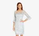 Short Illusion Sheer Fitted Embroidered Polyester Sheath Bateau Neck Bell Sleeves Paisley Print Sheath Dress With a Ribbon