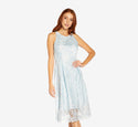 Fit-and-Flare Illusion Pleated Sequined Embroidered Fitted Cocktail Polyester Dress With a Ribbon