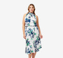 Plus Size Crepe Floral Print Shirred Halter Mock Neck Dress