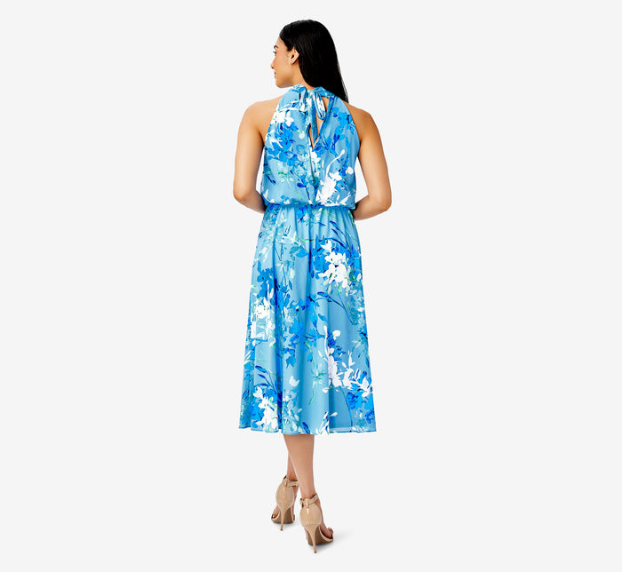 Printed Bias Halter Dress In Blue Multi | Adrianna Papell