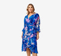 Plus Size V-neck Belted Ruched Faux Wrap Self Tie Short Chiffon Tie Waist Waistline Floral Print Wedding Dress With Ruffles