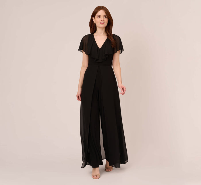 Halter Jumpsuit With Chiffon Overlay Skirt In Black | Adrianna Papell