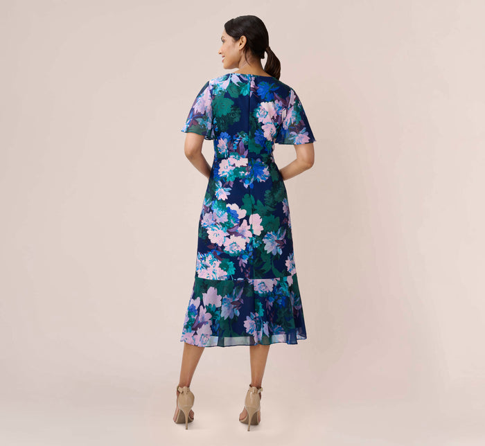 Floral-Printed Clip Dot Chiffon Midi-Length Cocktail Dress In Opal