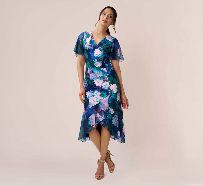 Floral-Printed Clip Dot Chiffon Midi-Length Cocktail Dress In Opal