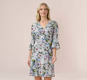 V-neck Short Fit-and-Flare Empire Waistline Floral Print Chiffon 3/4 Sleeves Fitted Tiered Dress