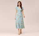 V-neck Flutter Short Sleeves Sleeves Fitted Back Zipper Pleated Fit-and-Flare Floral Print Midi Dress