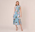 Floral Print Flared-Skirt Self Tie Asymmetric Back Zipper Slit Mock Neck Midi Dress