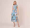 Floral Print Flared-Skirt Mock Neck Self Tie Asymmetric Slit Back Zipper Midi Dress