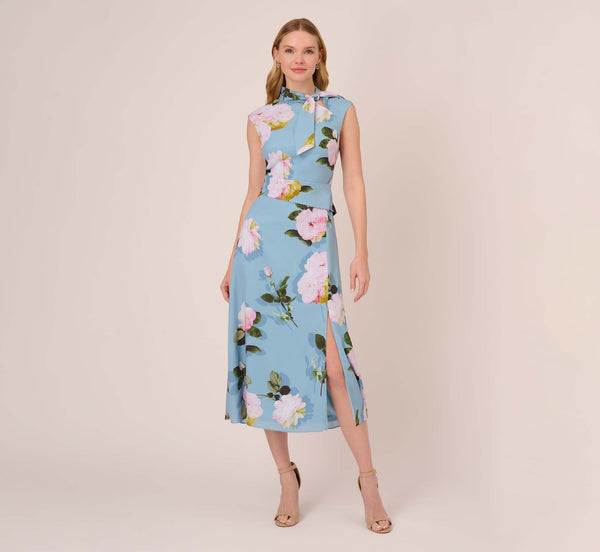 Mock Neck Floral Print Asymmetric Back Zipper Slit Self Tie Flared-Skirt Midi Dress