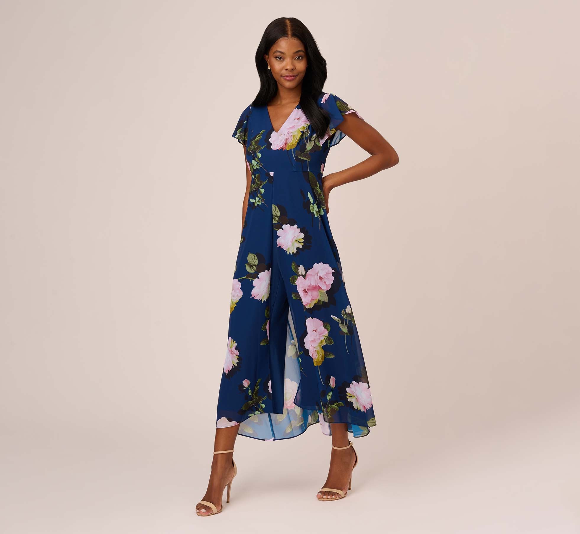 Floral Print Chiffon Cropped Jumpsuit In Navy Multi
