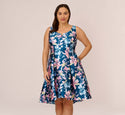 Plus Size Floral Print Polyester Notched Collar Fitted Pleated Back Zipper Fit-and-Flare High-Low-Hem Short Dress
