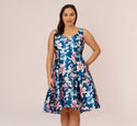 Plus Size High-Low-Hem Short Pleated Fitted Back Zipper Fit-and-Flare Floral Print Notched Collar Polyester Dress