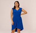 Plus Size V-neck Faux Wrap Draped Back Zipper Asymmetric Pleated High-Low-Hem Short Dress With Ruffles