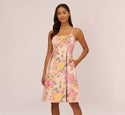 Fit-and-Flare Polyester Pocketed Pleated Jacquard Fitted Floral Print Scoop Neck Spaghetti Strap Dress