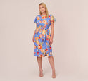 Plus Size Self Tie V Back Draped Tie Waist Waistline Sheath Twill Flutter Sleeves Floral Print Bateau Neck Sheath Dress