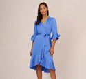 V-neck Pleated Faux Wrap 3/4 Sleeves Dress With Ruffles