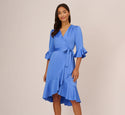 V-neck Faux Wrap Pleated 3/4 Sleeves Dress With Ruffles