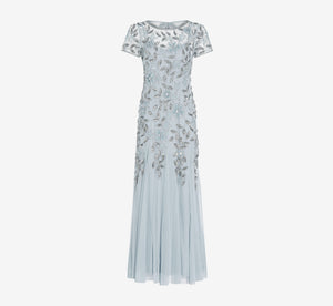 Hand Beaded Short Sleeve Floral Godet Gown In Blue Heather