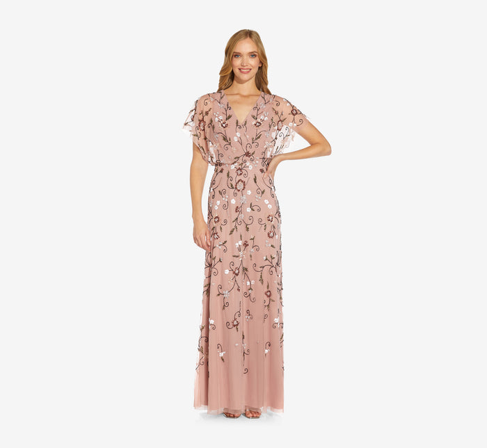 Adrianna Papell Foiled Leaf Print Surplice V-Neck Short Flutter Sleeve Gown,  Womens, 12, Champagne | Shopping from Microsoft Start