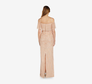 Hand-Beaded Off-The-Shoulder Satin Gown With Flounce In Blush