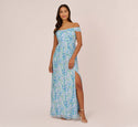 Floral print Off the shoulder Chiffon Long Gown In Blue Multi